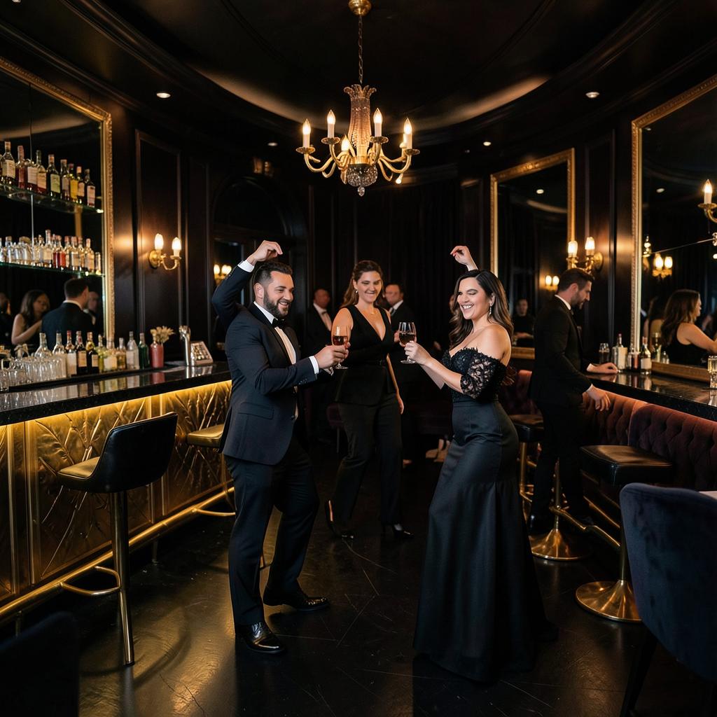 Elegant dancers in a nightclub lounge with gold accents and warm lighting